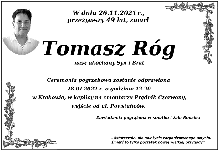 Klepsydra dr. Tomasza Roga, wiek 49 lat, data śmierci - 26 listopada 2021 r.